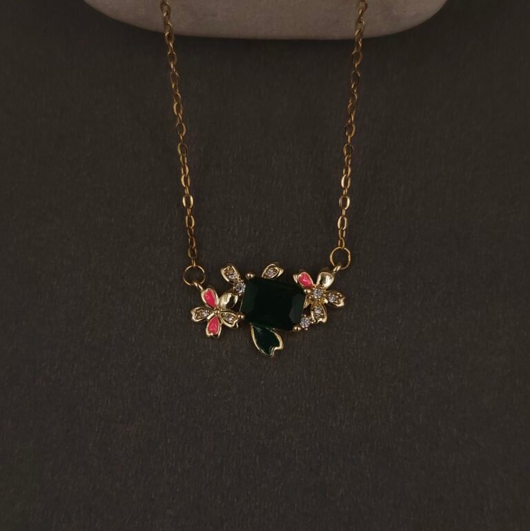 Stainless Steel Floral Necklace - Green Stone, Pink Enamel & CZ, Anti-Tarnish