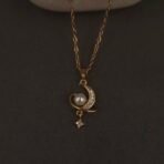 Stainless Steel Moon & Star Pendant Necklace - Pearl & CZ, Anti-Tarnish