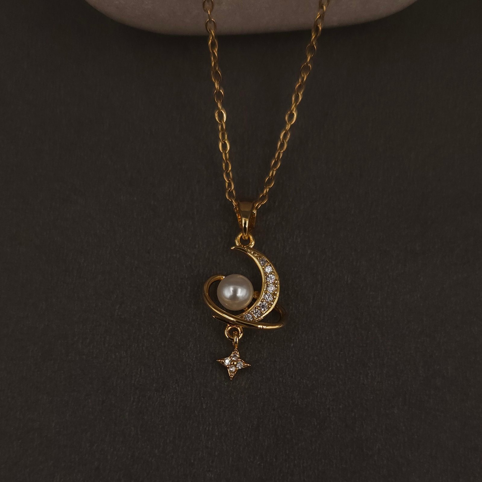 Stainless Steel Moon & Star Pendant Necklace - Pearl & CZ, Anti-Tarnish Stainless Steel Moon & Star Pendant Necklace - Pearl & CZ, Anti-Tarnish