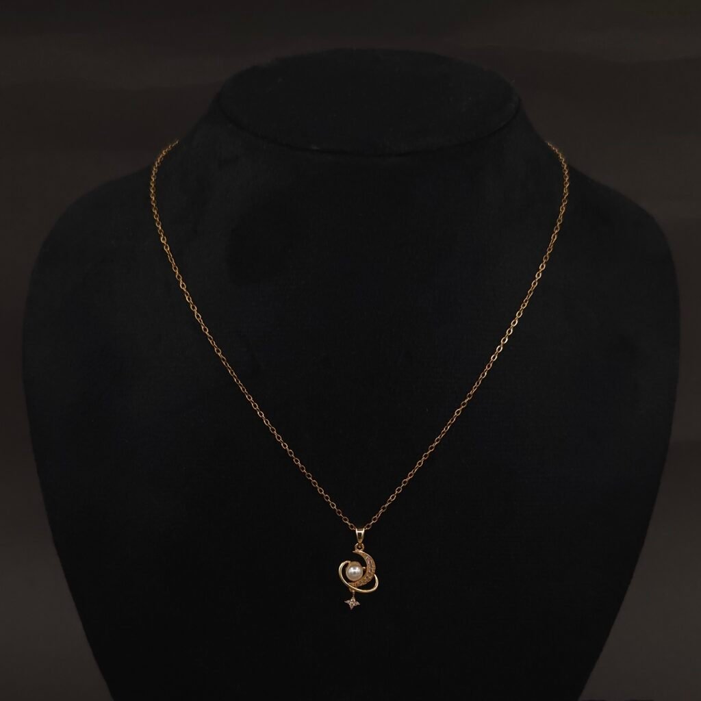 Stainless Steel Moon & Star Pendant Necklace - Pearl & CZ, Anti-Tarnish