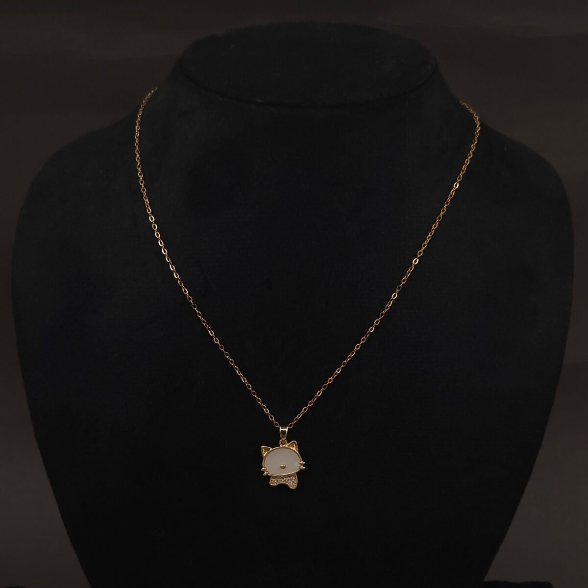 Stainless Steel Cat Face Pendant Necklace - White Stone & CZ Bow, Anti-Tarnish