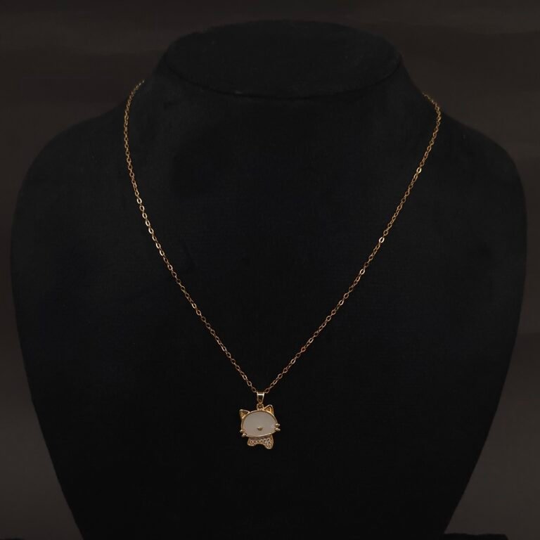 Stainless Steel Cat Face Pendant Necklace - White Stone & CZ Bow, Anti-Tarnish