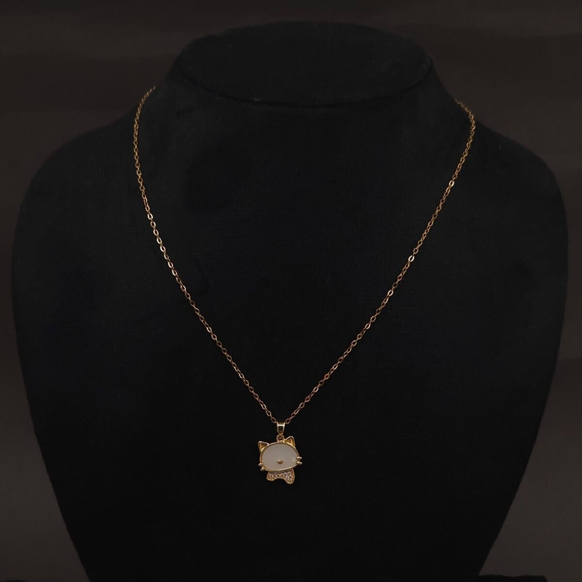 Stainless Steel Cat Face Pendant Necklace - White Stone & CZ Bow, Anti-Tarnish