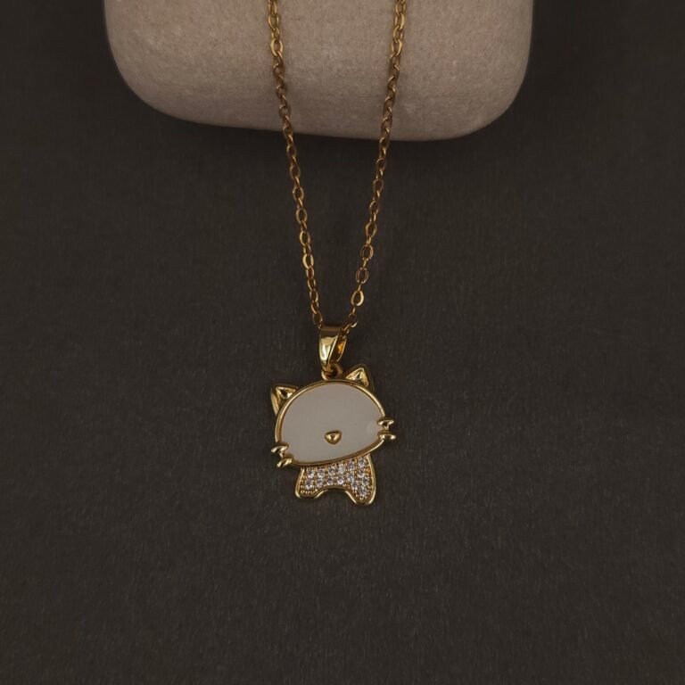 Stainless Steel Cat Face Pendant Necklace - White Stone & CZ Bow, Anti-Tarnish