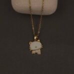 Stainless Steel Cat Face Pendant Necklace - White Stone & CZ Bow, Anti-Tarnish
