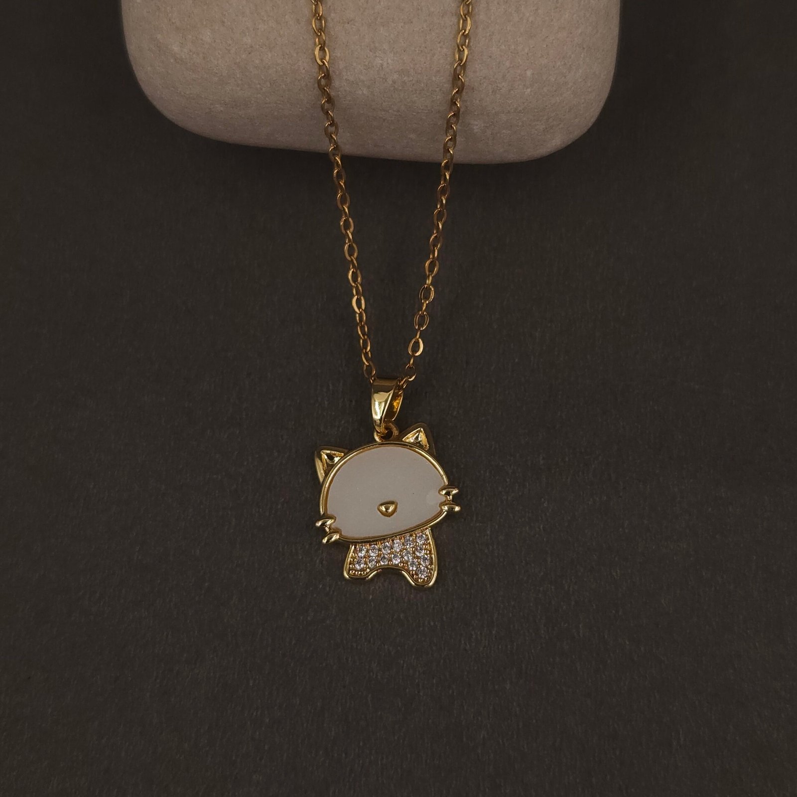 Stainless Steel Cat Face Pendant Necklace - White Stone & CZ Bow, Anti-Tarnish Stainless Steel Cat Face Pendant Necklace - White Stone & CZ Bow, Anti-Tarnish