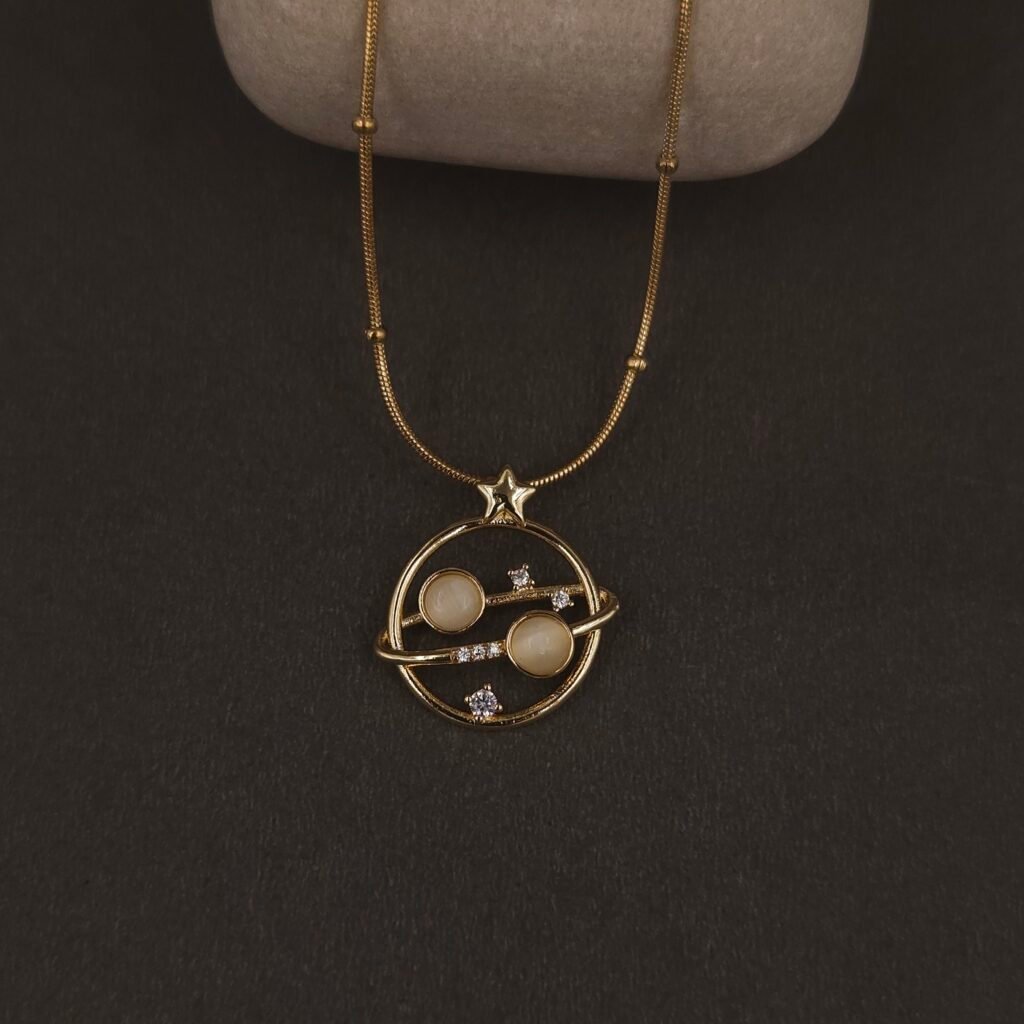 Stainless Steel Planet & Star Pendant Necklace - Stone Accents, Anti-Tarnish