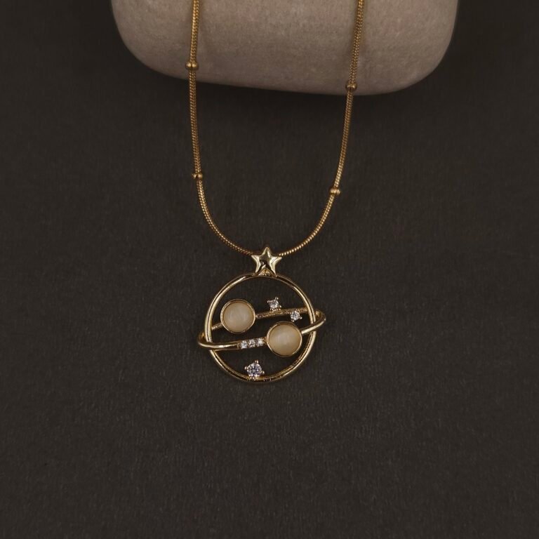 Stainless Steel Planet & Star Pendant Necklace - Stone Accents, Anti-Tarnish