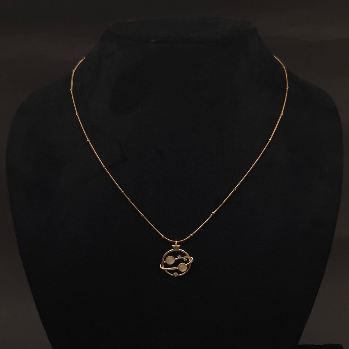 Stainless Steel Planet & Star Pendant Necklace - Stone Accents, Anti-Tarnish