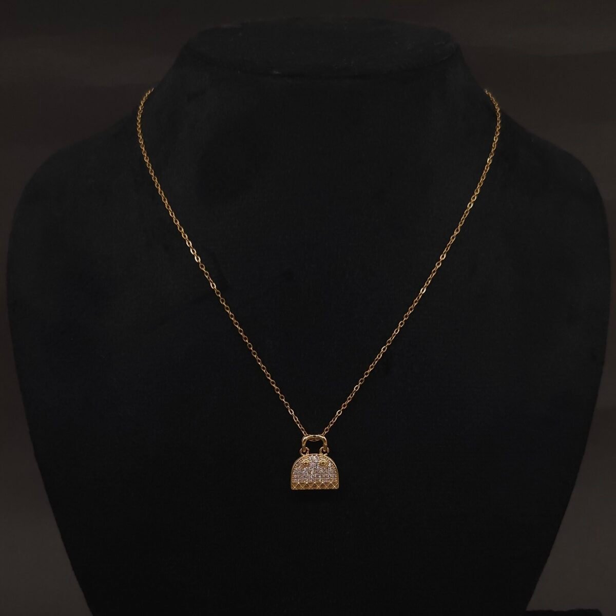 Stainless Steel Handbag Pendant Necklace - CZ Pavé, Anti-Tarnish