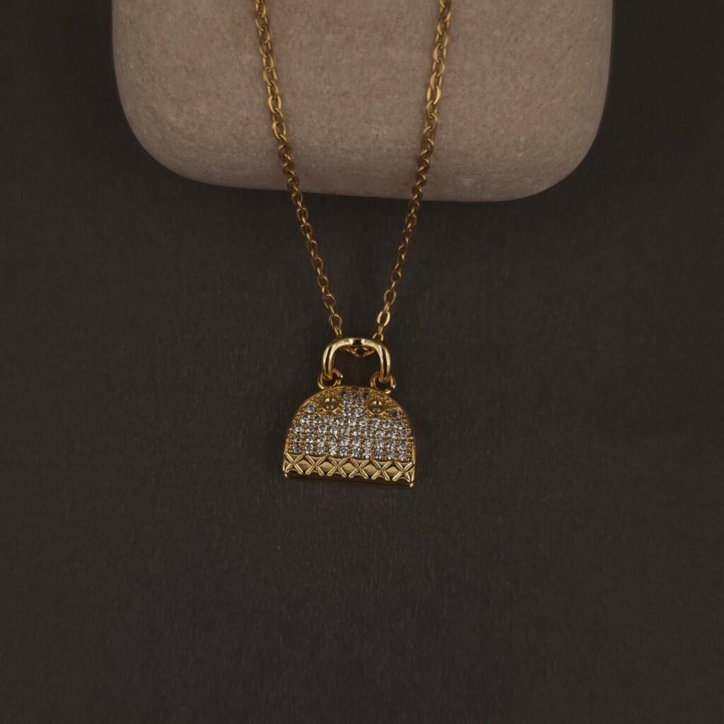 Stainless Steel Handbag Pendant Necklace - CZ Pavé, Anti-Tarnish