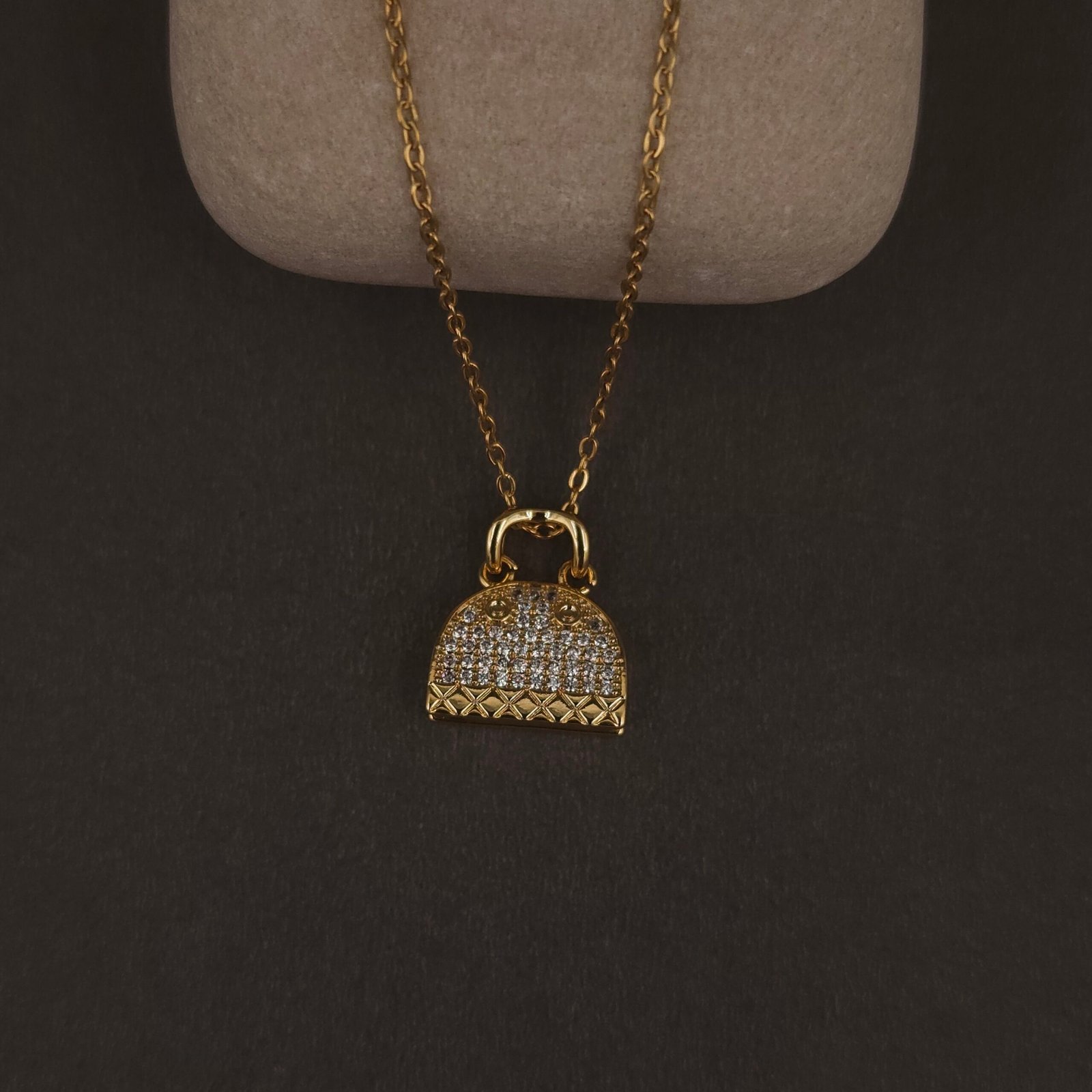 Stainless Steel Handbag Pendant Necklace - CZ Pavé, Anti-Tarnish Stainless Steel Handbag Pendant Necklace - CZ Pavé, Anti-Tarnish