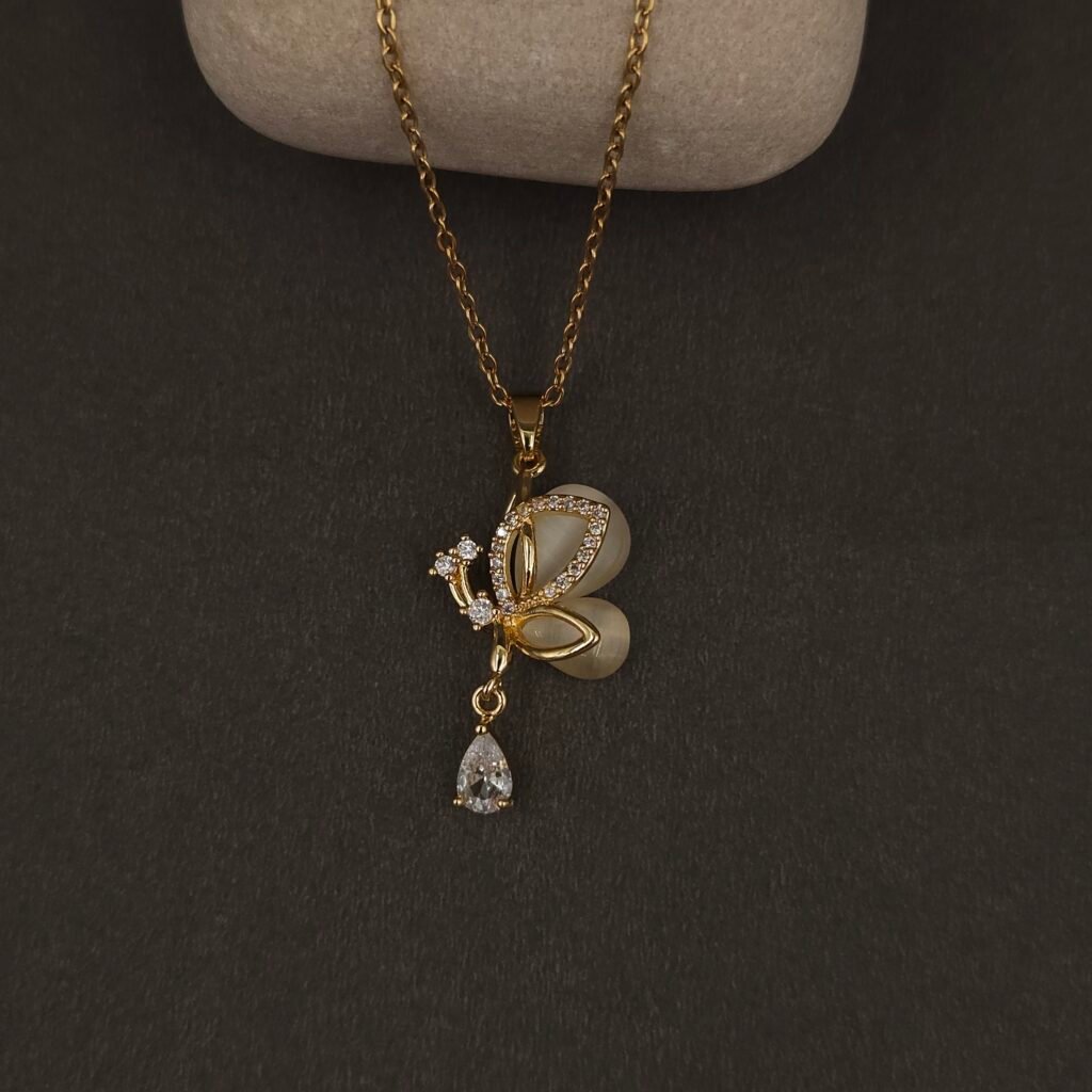 Stainless Steel Butterfly Pendant Necklace - Glass Wings & CZ, Anti-Tarnish