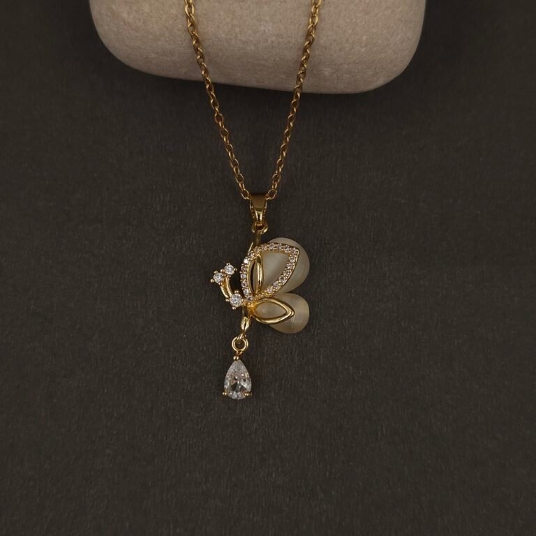 Stainless Steel Butterfly Pendant Necklace - Glass Wings & CZ, Anti-Tarnish