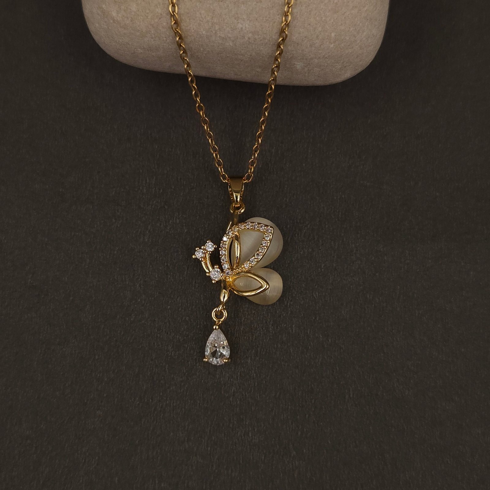 Stainless Steel Butterfly Pendant Necklace - Glass Wings & CZ, Anti-Tarnish Stainless Steel Butterfly Pendant Necklace - Glass Wings & CZ, Anti-Tarnish