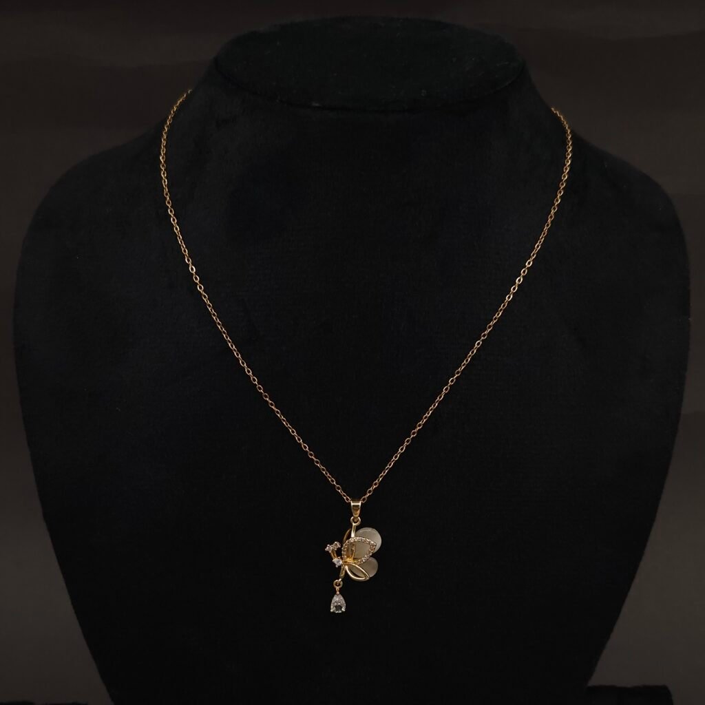 Stainless Steel Butterfly Pendant Necklace - Glass Wings & CZ, Anti-Tarnish