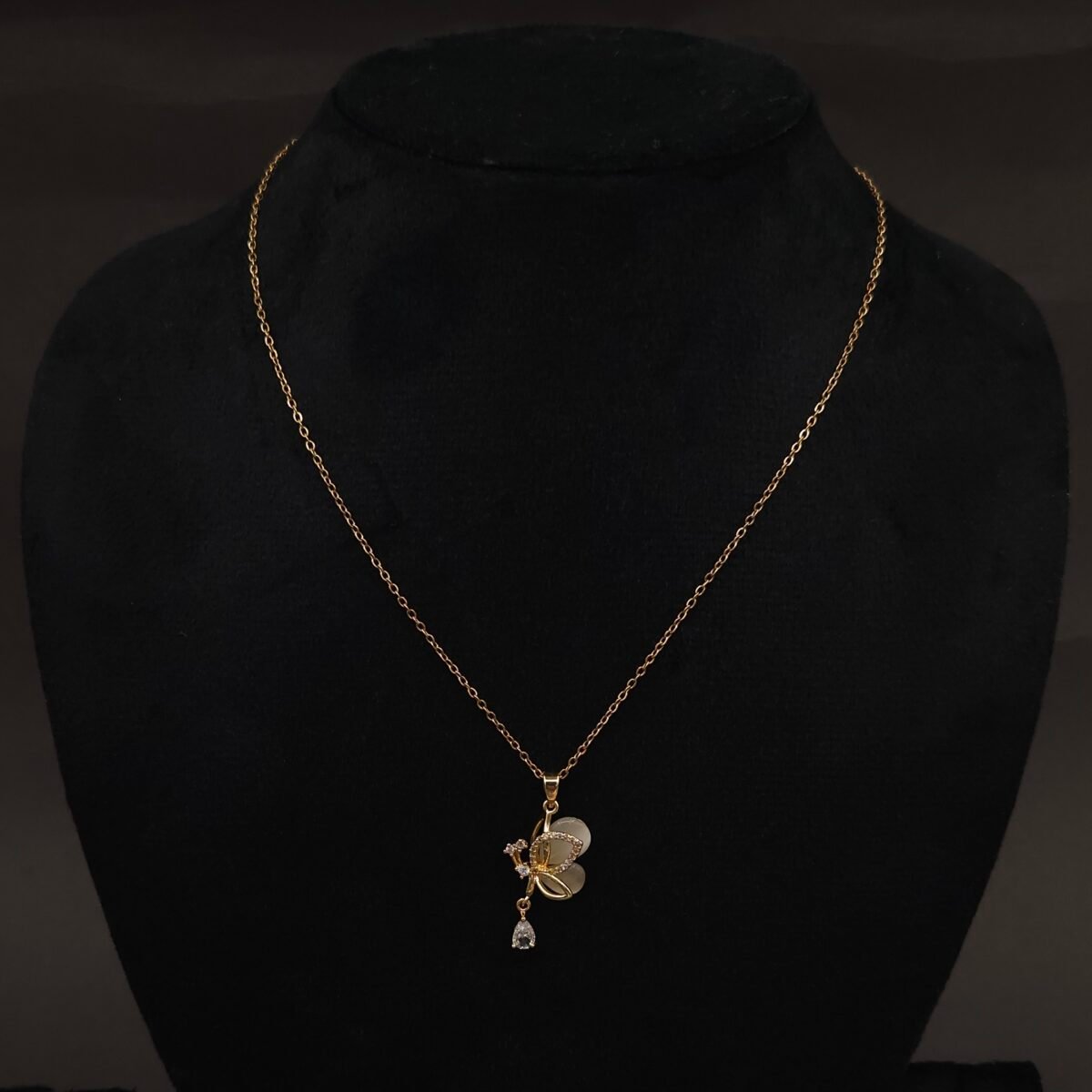 Stainless Steel Butterfly Pendant Necklace - Glass Wings & CZ, Anti-Tarnish