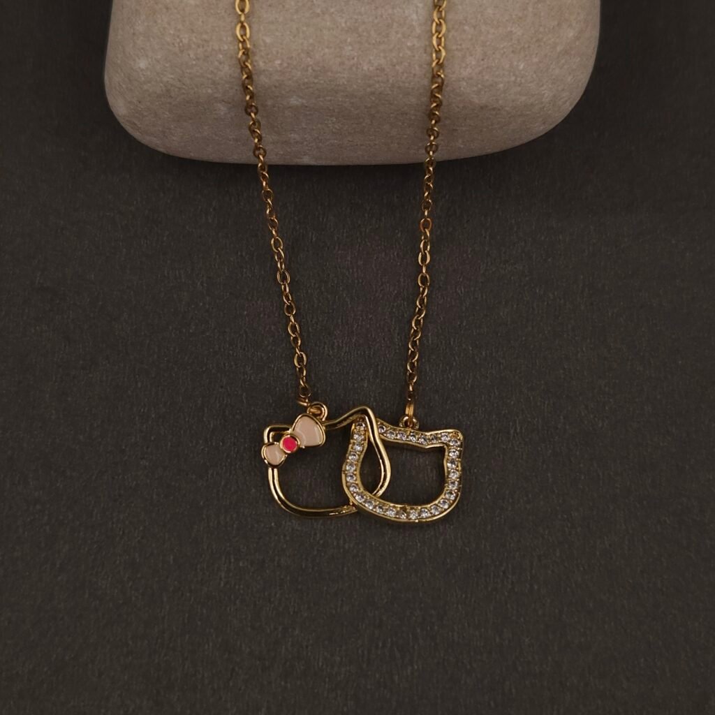 Stainless Steel Twin Cats Pendant Necklace - CZ Pavé & Enamel, Anti-Tarnish