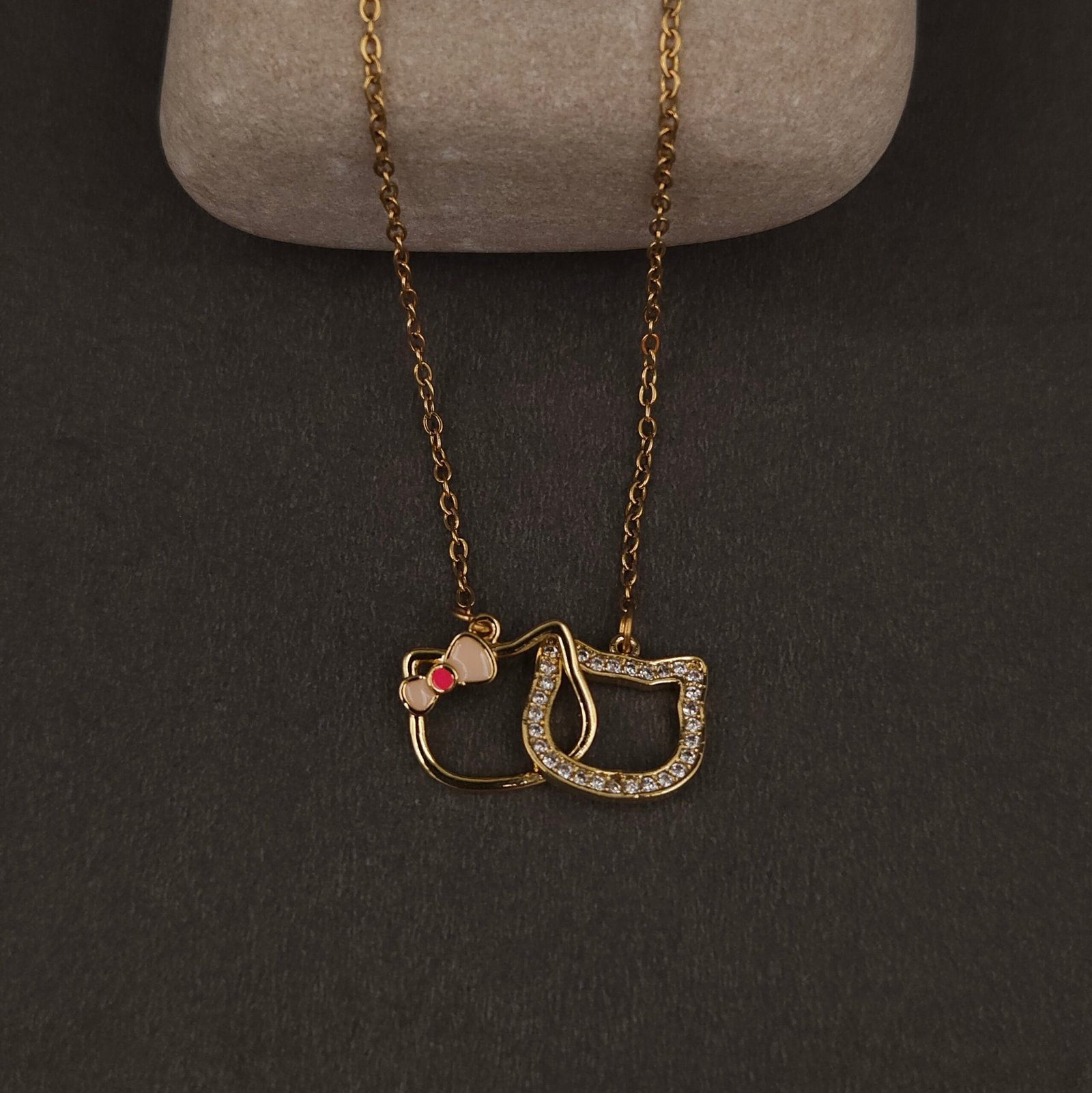 Stainless Steel Twin Cats Pendant Necklace - CZ Pavé & Enamel, Anti-Tarnish Stainless Steel Twin Cats Pendant Necklace - CZ Pavé & Enamel, Anti-Tarnish