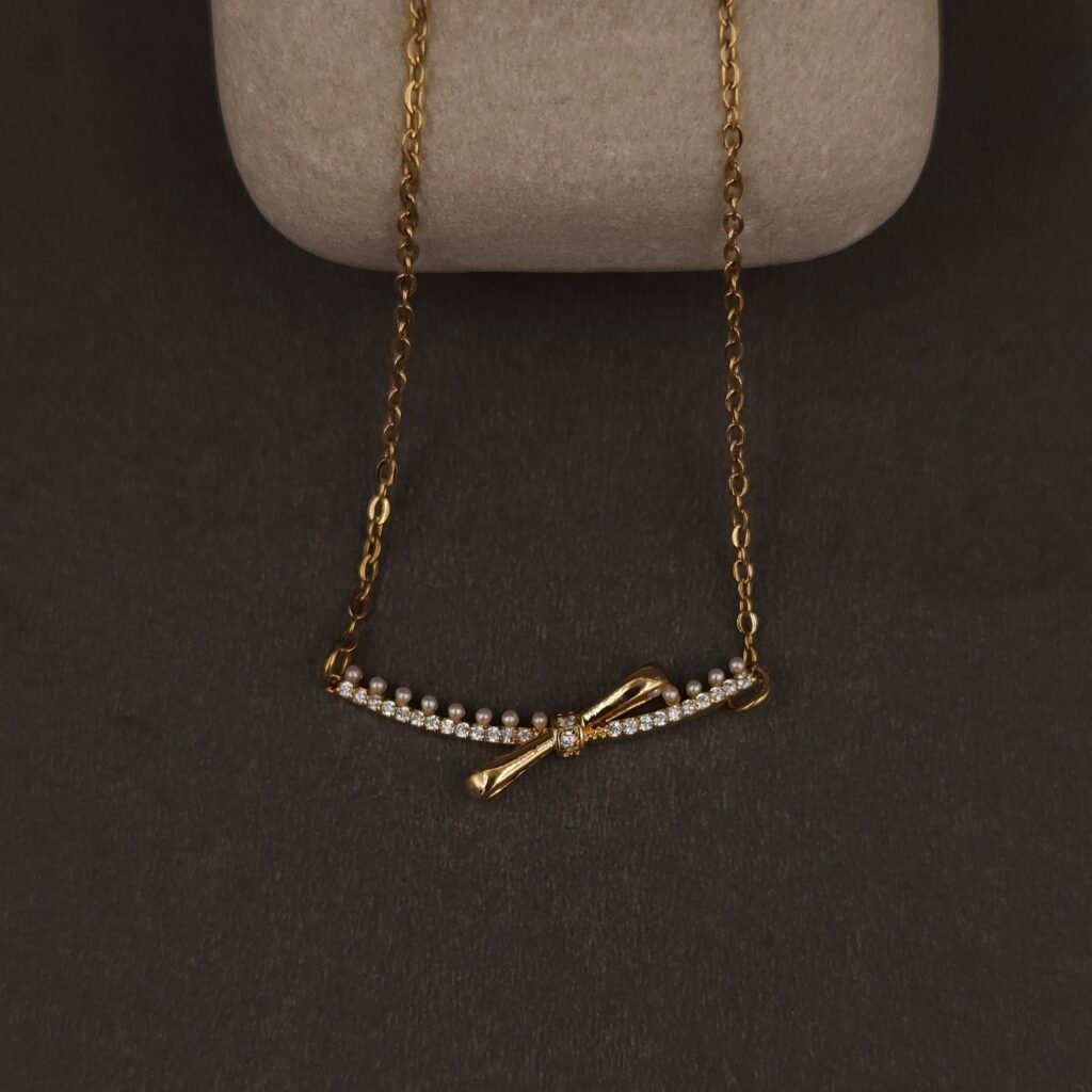 Stainless Steel Bow Bar Pendant Necklace - CZ & Pearl, Anti-Tarnish