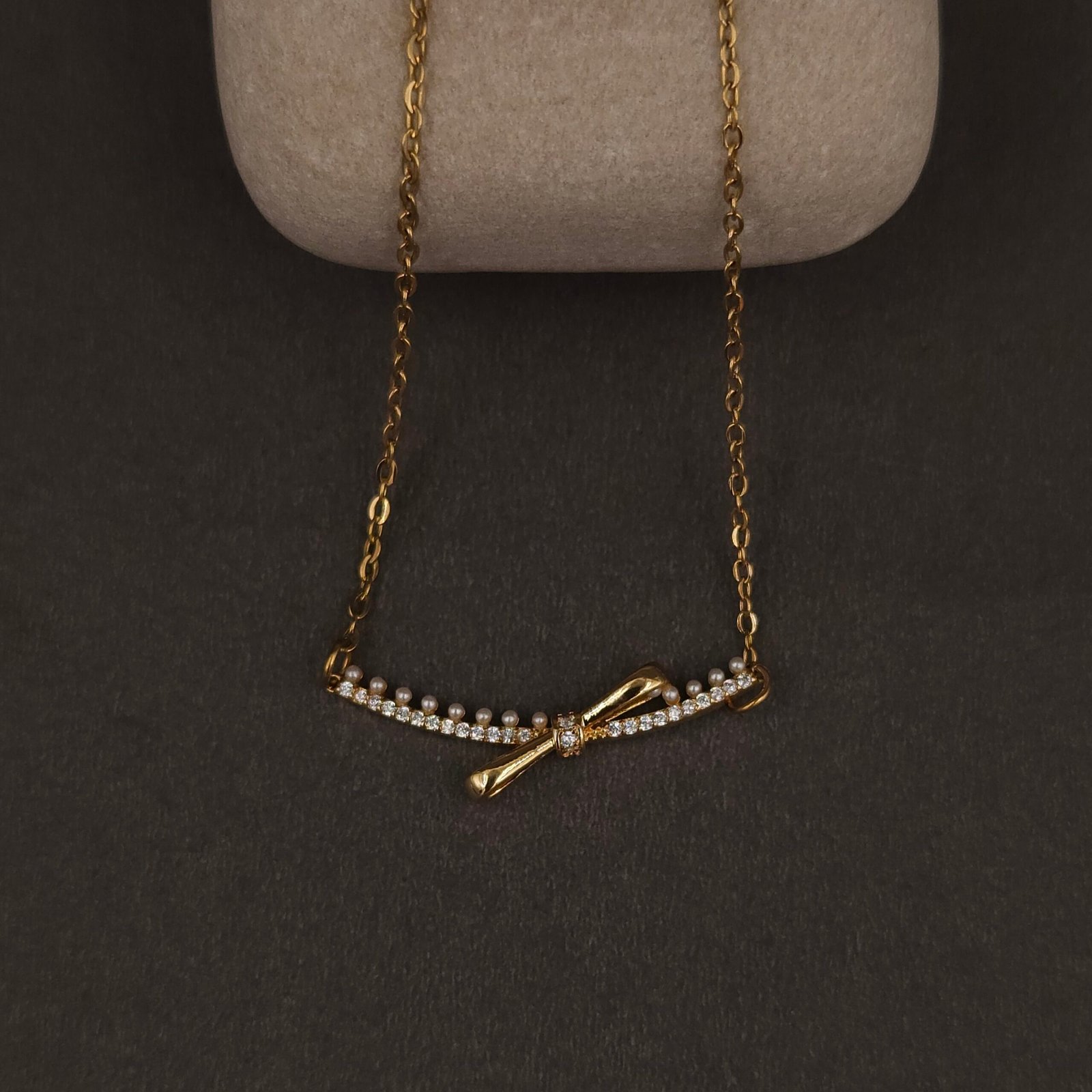 Stainless Steel Bow Bar Pendant Necklace - CZ & Pearl, Anti-Tarnish Stainless Steel Bow Bar Pendant Necklace - CZ & Pearl, Anti-Tarnish