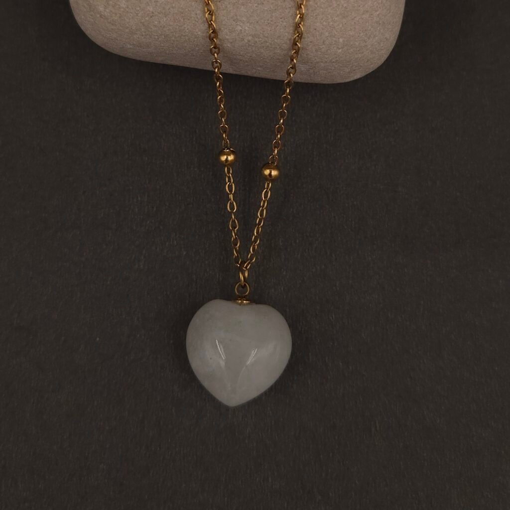 Stainless Steel Heart Stone Pendant Necklace - White Stone, Anti-Tarnish