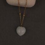 Stainless Steel Heart Stone Pendant Necklace - White Stone, Anti-Tarnish