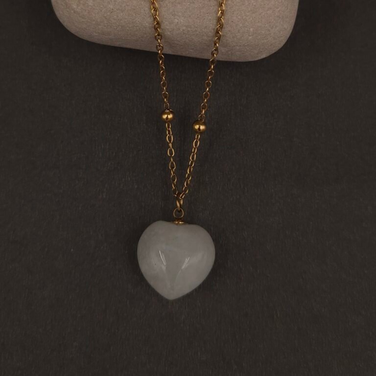 Stainless Steel Heart Stone Pendant Necklace - White Stone, Anti-Tarnish