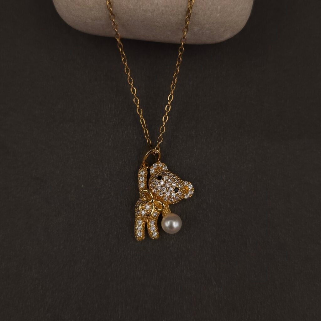 Stainless Steel Bear Pendant Necklace - CZ Pavé & Pearl, Anti-Tarnish