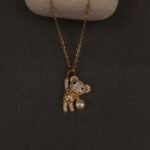 Stainless Steel Bear Pendant Necklace - CZ Pavé & Pearl, Anti-Tarnish