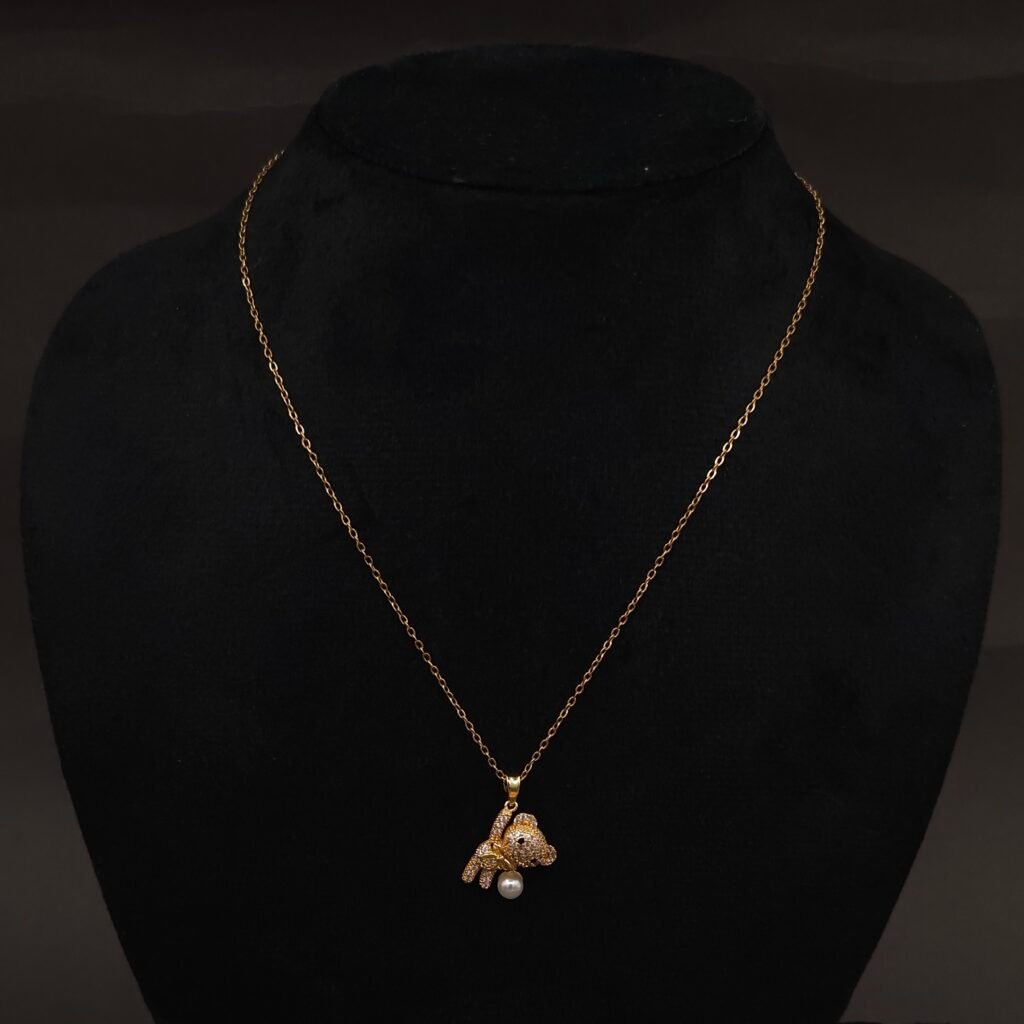 Stainless Steel Bear Pendant Necklace - CZ Pavé & Pearl, Anti-Tarnish