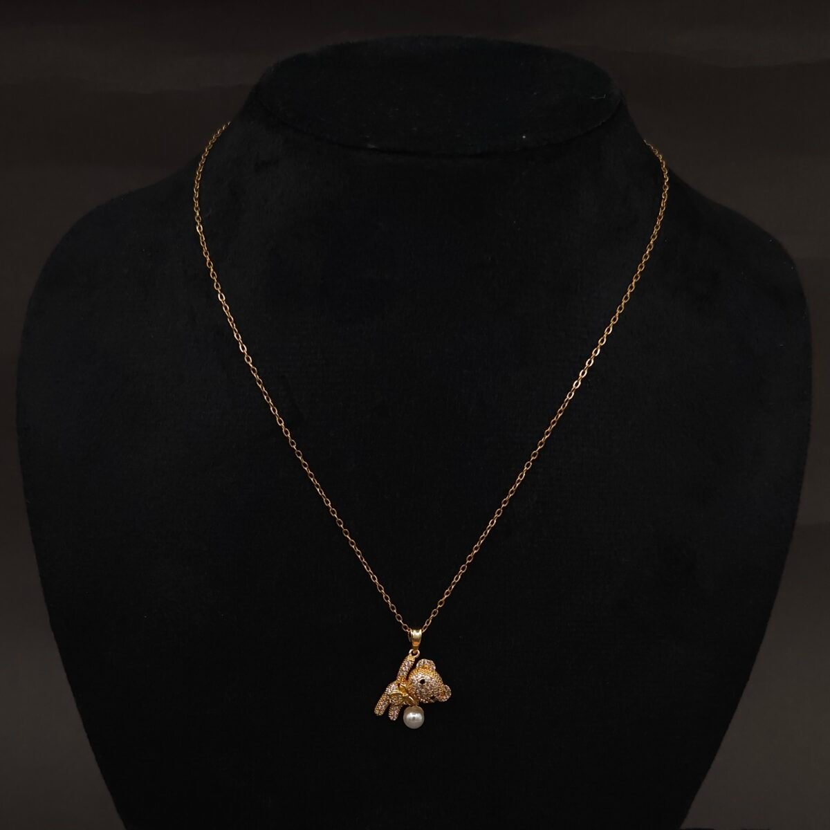 Stainless Steel Bear Pendant Necklace - CZ Pavé & Pearl, Anti-Tarnish