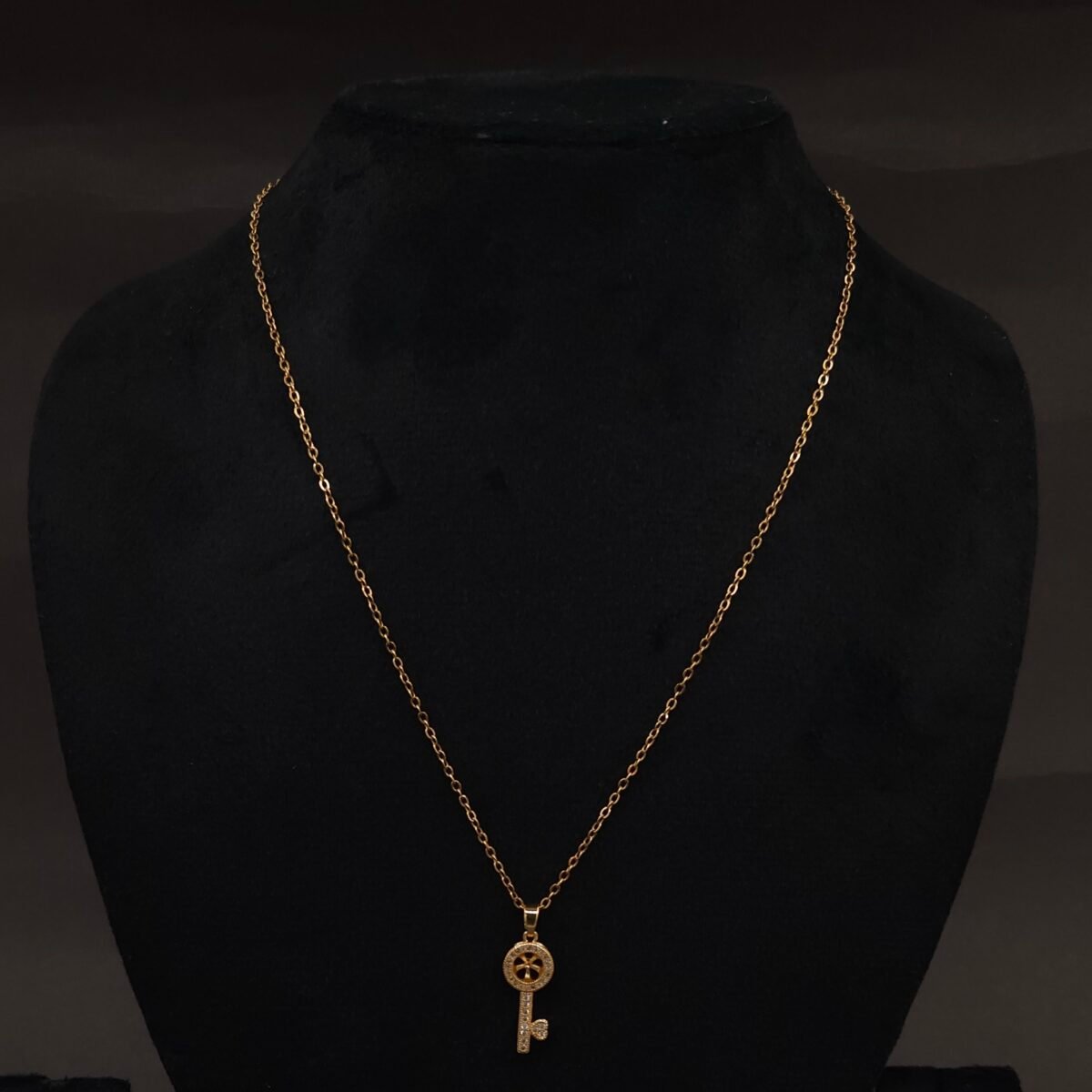 Stainless Steel Key Pendant Necklace - CZ Pavé, Anti-Tarnish