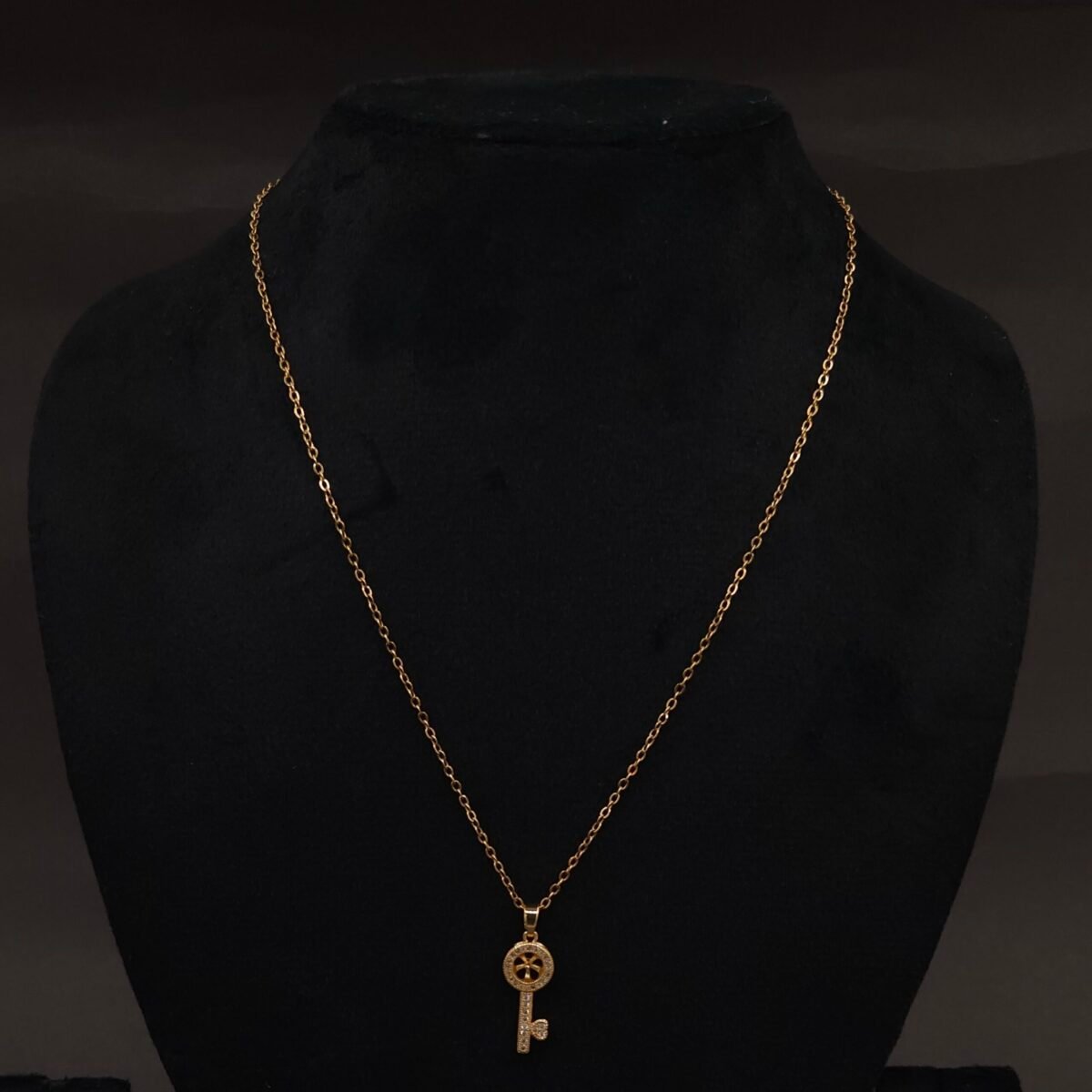 Stainless Steel Key Pendant Necklace - CZ Pavé, Anti-Tarnish
