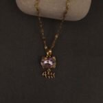 Stainless Steel Cat Pendant Necklace - Pink Stone & Fishbone, Anti-Tarnish