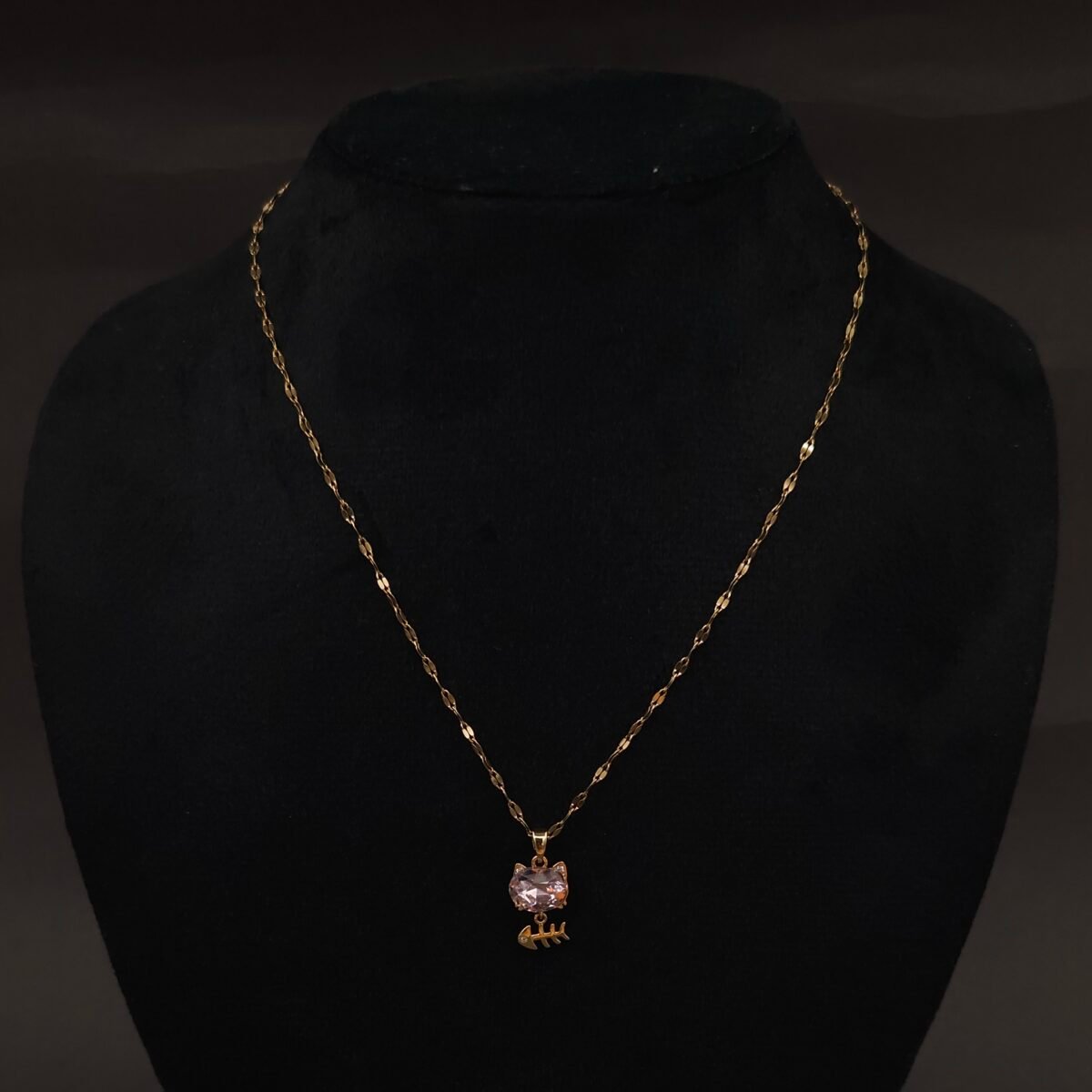 Stainless Steel Cat Pendant Necklace - Pink Stone & Fishbone, Anti-Tarnish