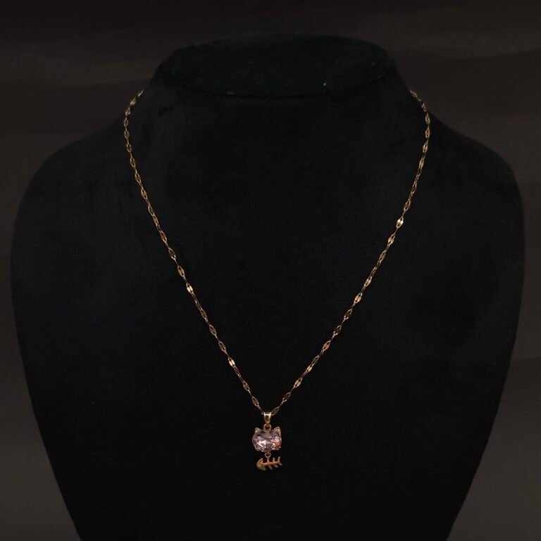 Stainless Steel Cat Pendant Necklace - Pink Stone & Fishbone, Anti-Tarnish