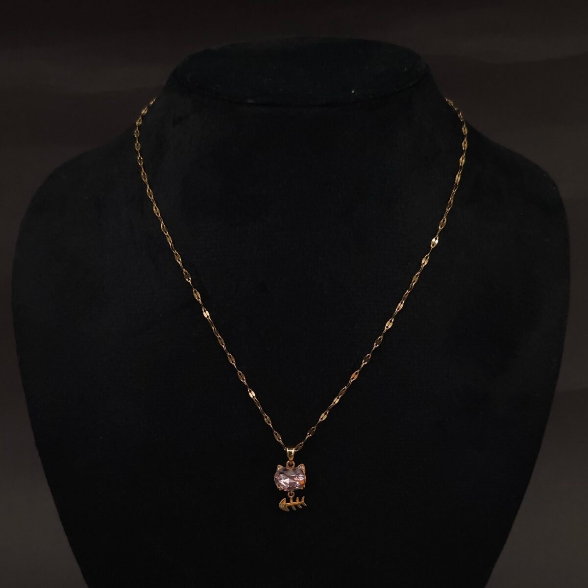 Stainless Steel Cat Pendant Necklace - Pink Stone & Fishbone, Anti-Tarnish