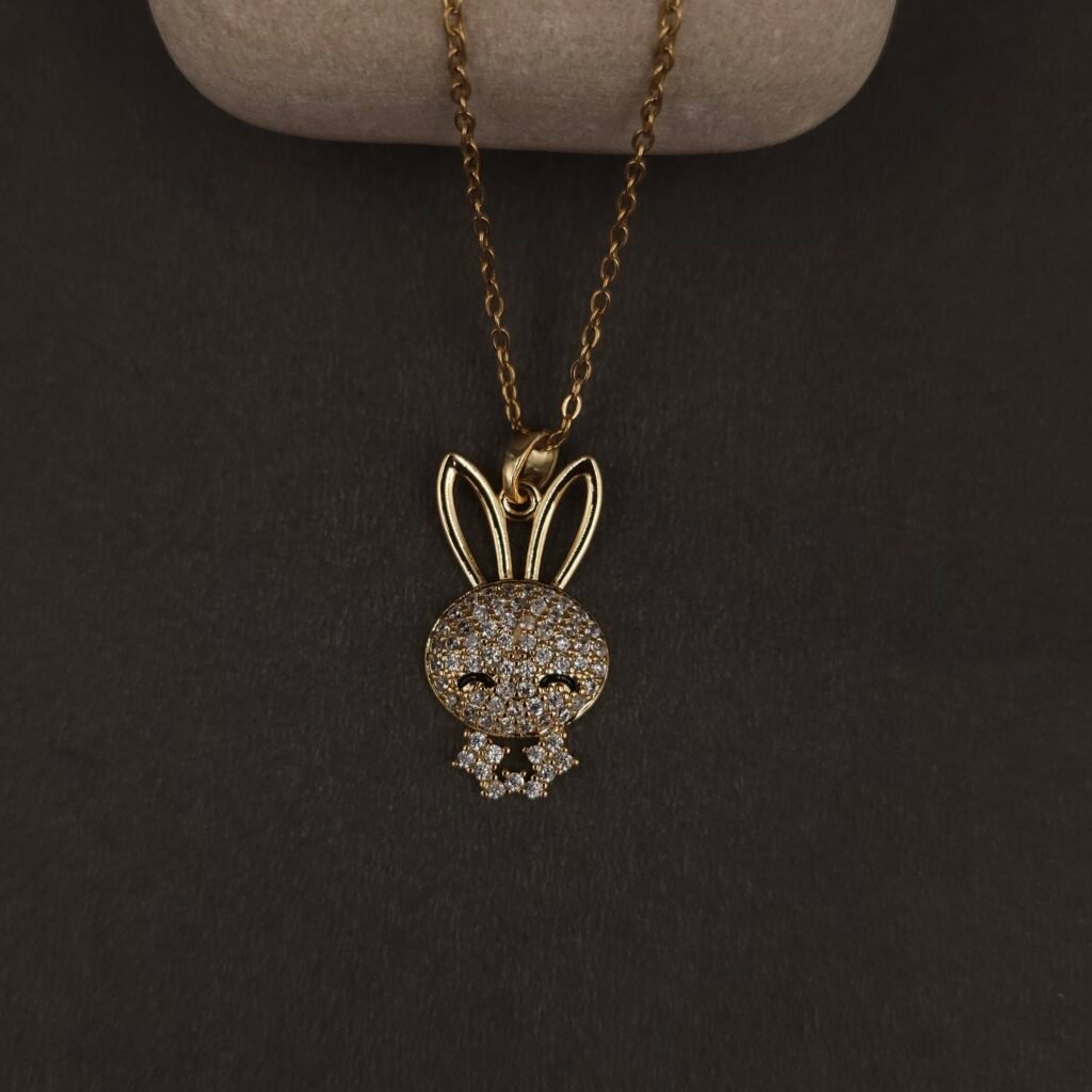 Stainless Steel Bunny Face Pendant Necklace - CZ Pavé, Anti-Tarnish
