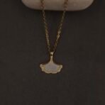 Stainless Steel Ginkgo Leaf Pendant Necklace - Mother of Pearl & CZ, Anti-Tarnish