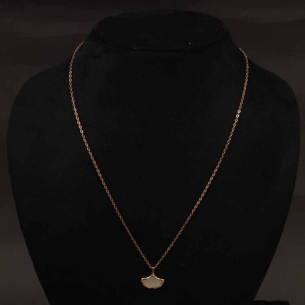 Stainless Steel Ginkgo Leaf Pendant Necklace - Mother of Pearl & CZ, Anti-Tarnish