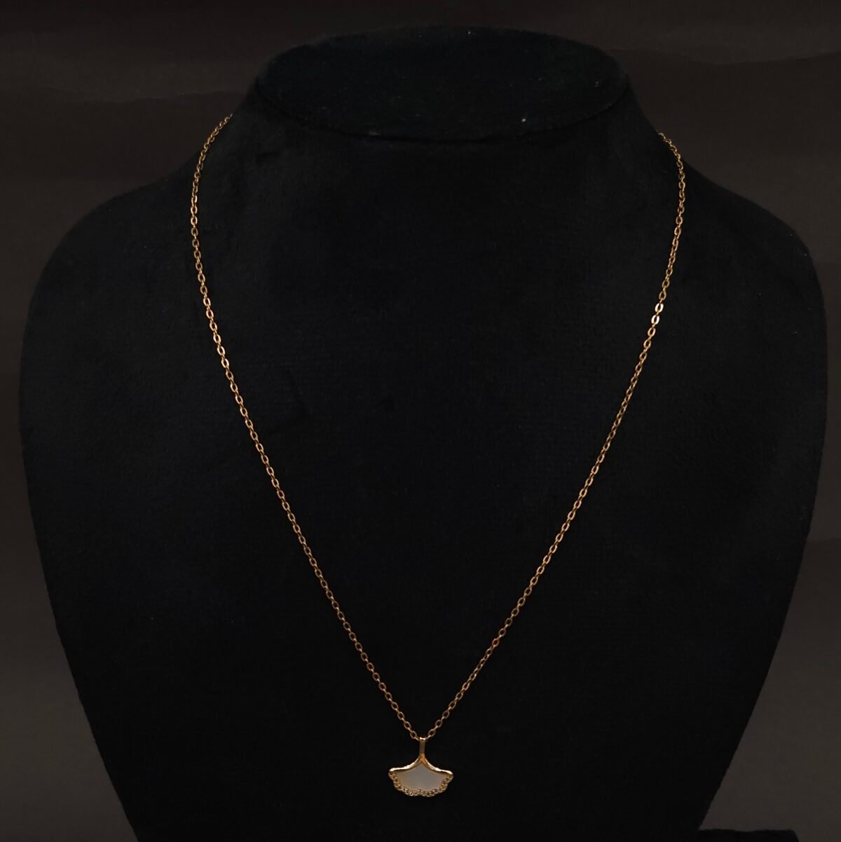 Stainless Steel Ginkgo Leaf Pendant Necklace - Mother of Pearl & CZ, Anti-Tarnish