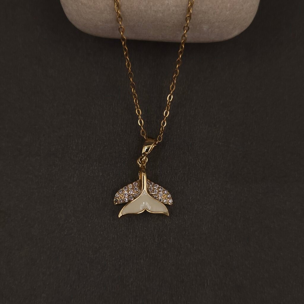 Stainless Steel Whale Tail Pendant Necklace - Enamel & CZ, Anti-Tarnish