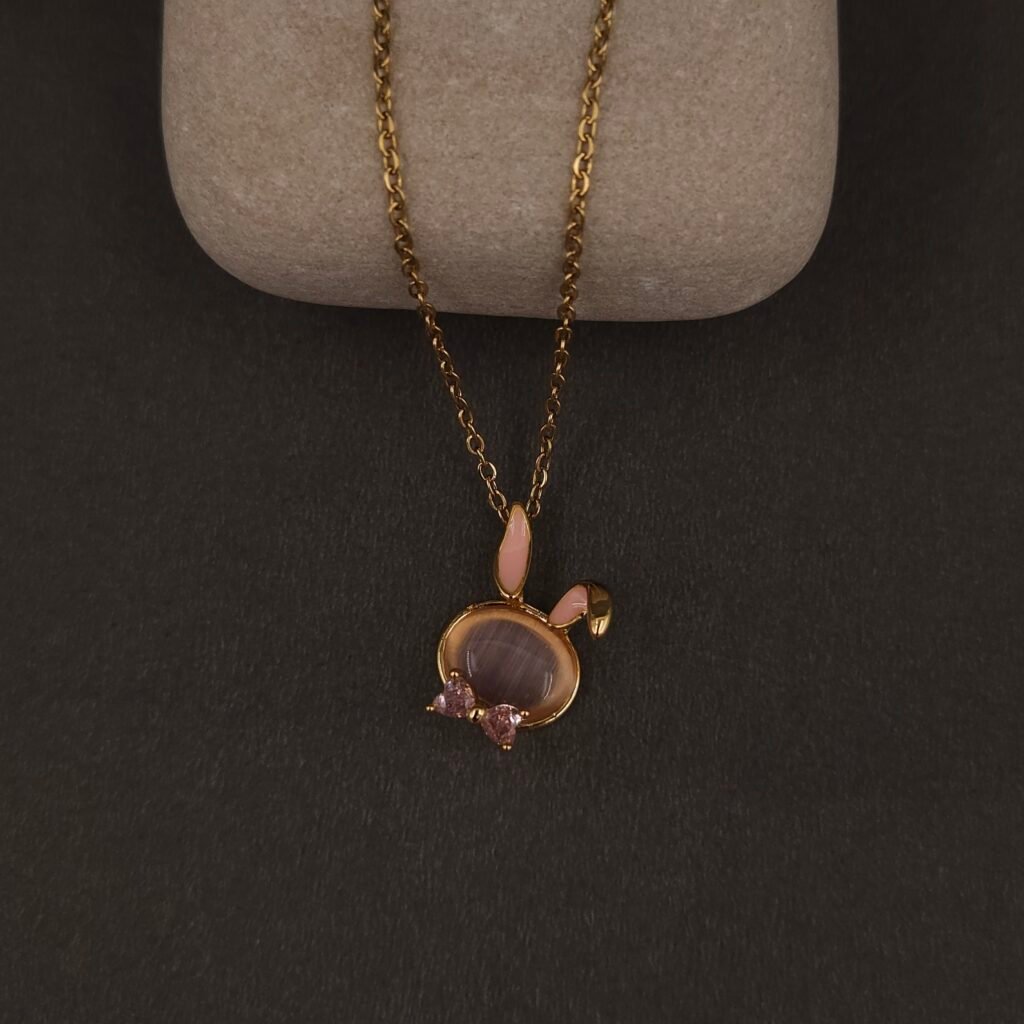 Stainless Steel Bunny Head Pendant Necklace - Cat-eye & Pink Stones, Anti-Tarnish