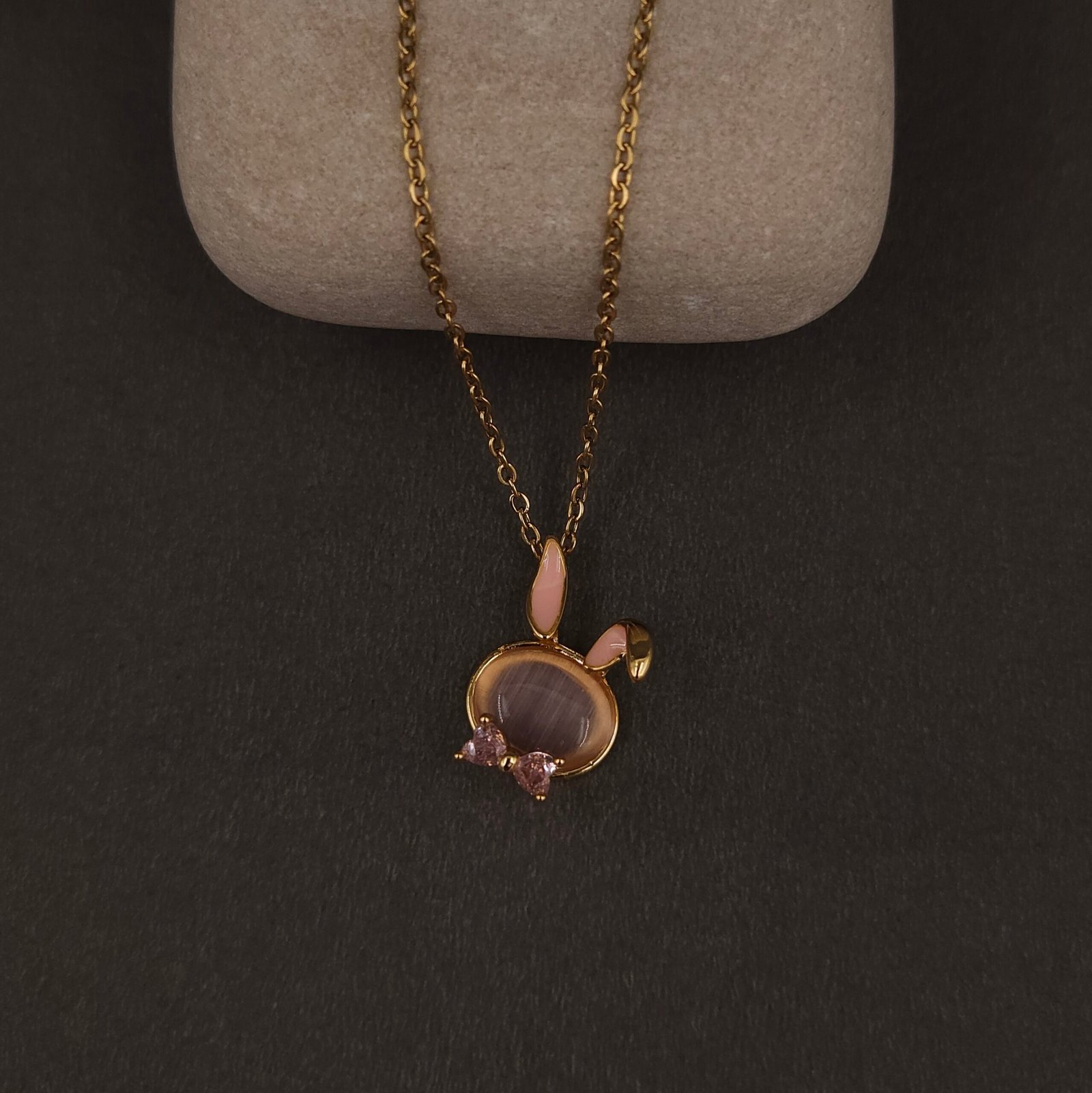 Stainless Steel Bunny Head Pendant Necklace - Cat-eye & Pink Stones, Anti-Tarnish Stainless Steel Bunny Head Pendant Necklace - Cat-eye & Pink Stones, Anti-Tarnish
