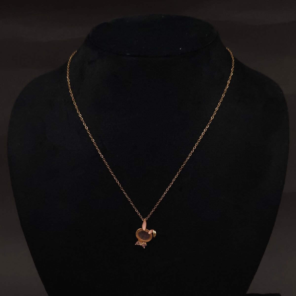 Stainless Steel Bunny Head Pendant Necklace - Cat-eye & Pink Stones, Anti-Tarnish