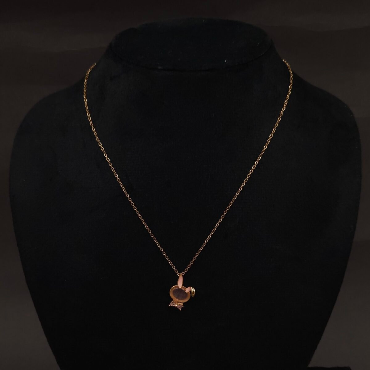 Stainless Steel Bunny Head Pendant Necklace - Cat-eye & Pink Stones, Anti-Tarnish