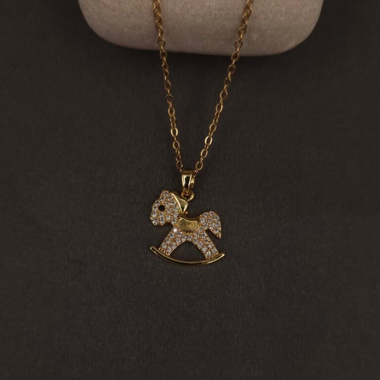 Stainless Steel Rocking Horse Pendant Necklace - CZ Accent, Anti-Tarnish