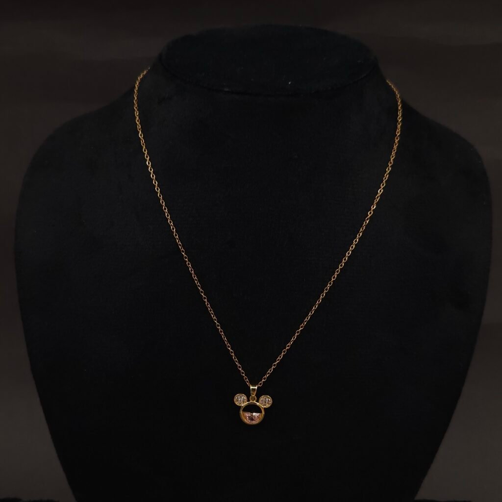 Stainless Steel Mouse Motif Pendant Necklace - Pink & CZ Accents, Anti-Tarnish