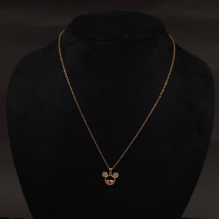 Stainless Steel Mouse Motif Pendant Necklace - Pink & CZ Accents, Anti-Tarnish